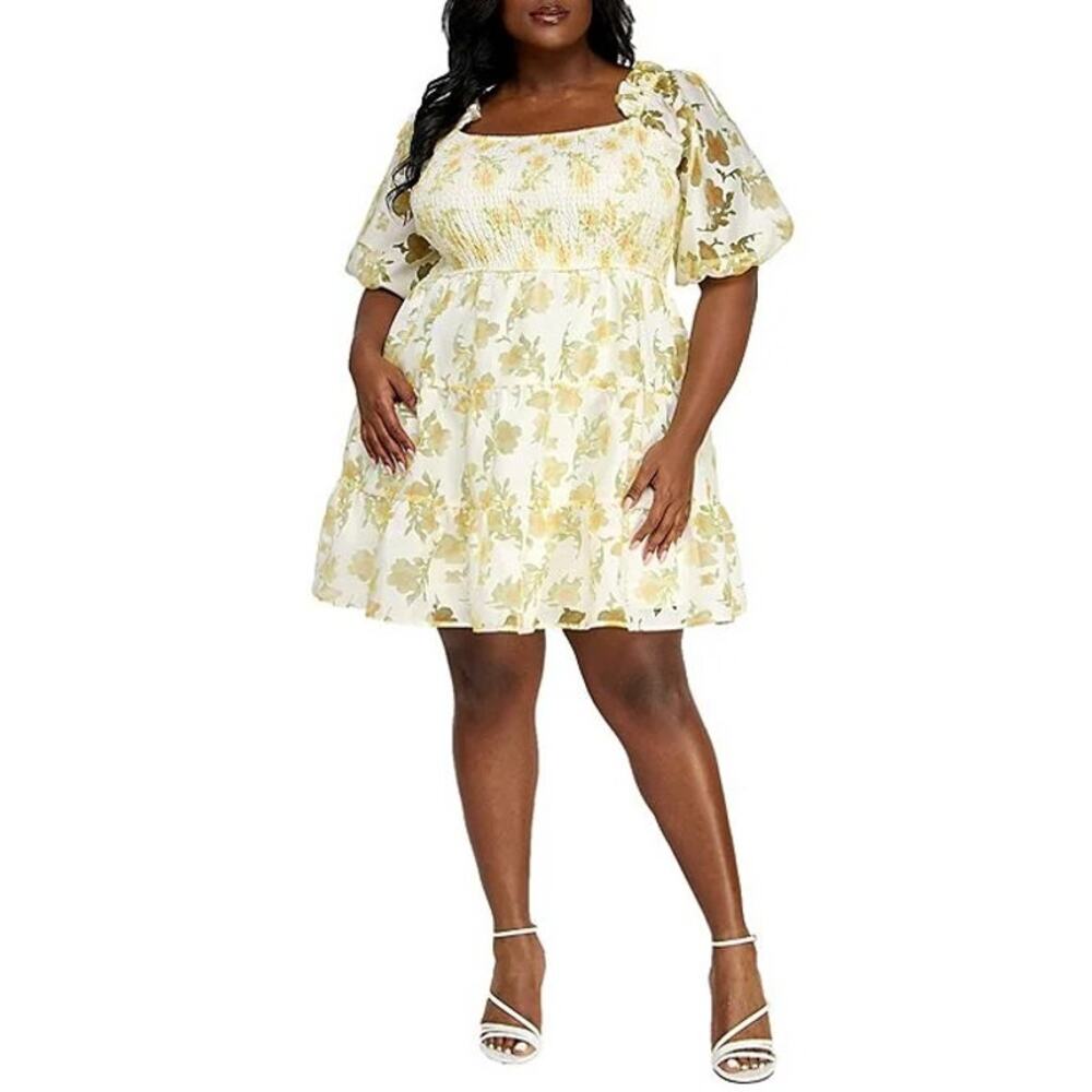 Layered With Love Square Neck 3/4 Sleeve Smocked Tiered Floral Dress Size 1X